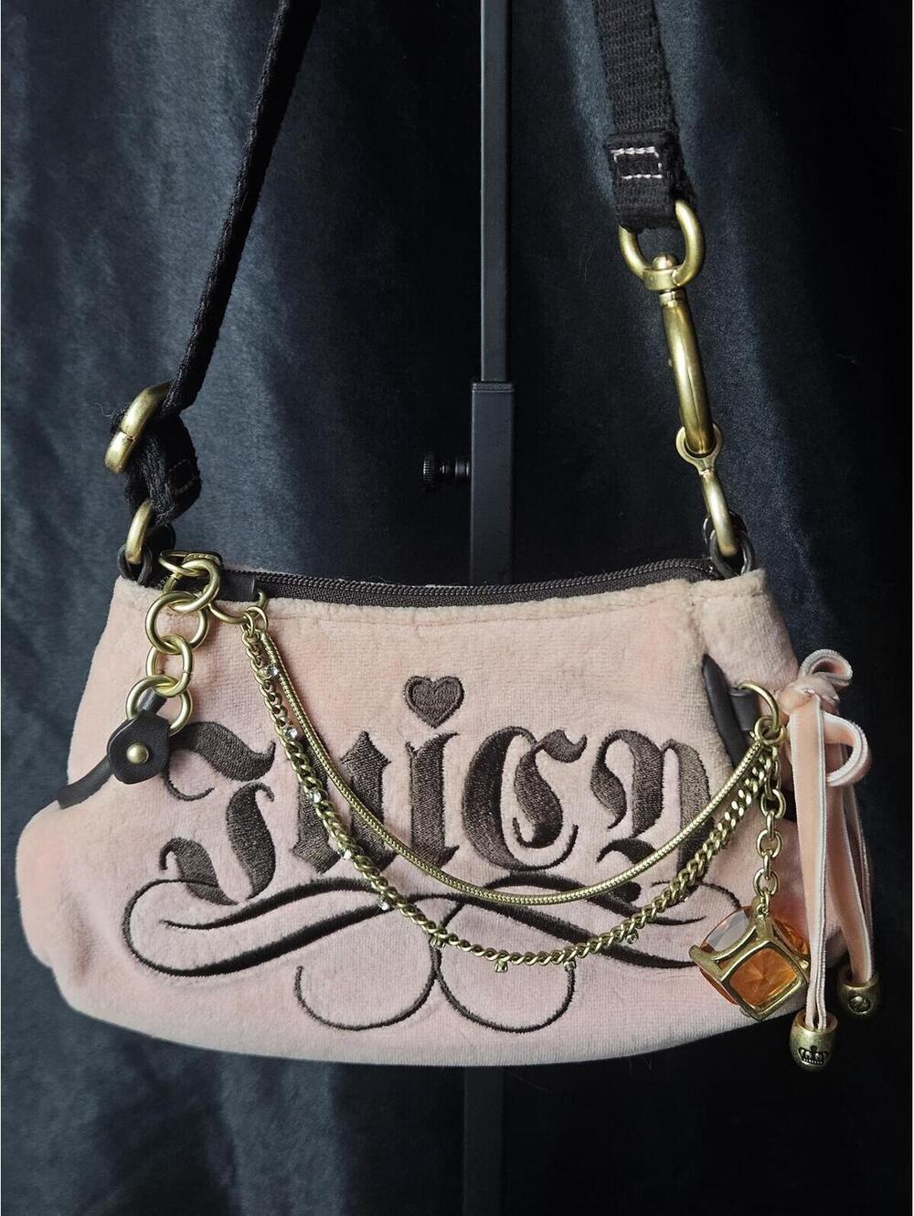 Rare Vintage Juicy Couture Pink Velour Mini Hobo Bag w/ Charms Y2K McBling